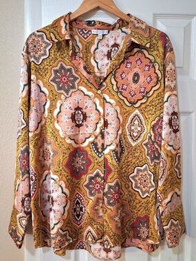 Maison d'Amèlie Yellow Maximal Paisley Print Button-Up Blouse Size XL